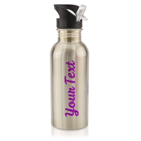 in Silver (600ml) with Drinking Straw - Purple (Personalised with Text)