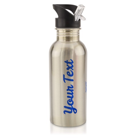 in Silver (600ml) with Drinking Straw - Royal Blue (Personalised with Text)