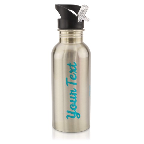 in Silver (600ml) with Drinking Straw - Sky Blue (Personalised with Text)