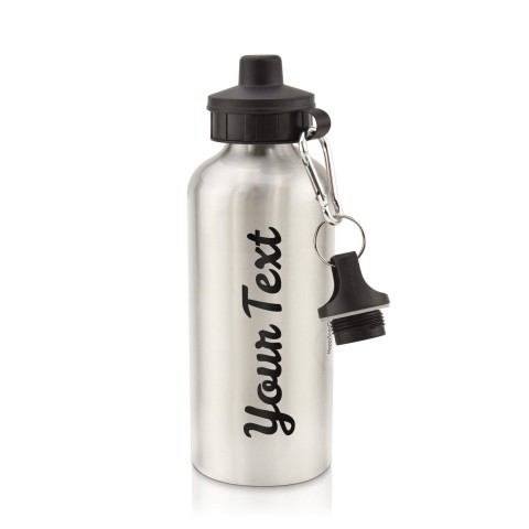 in Silver (600ml) with Screw Cap - Black (Personalised with Text)