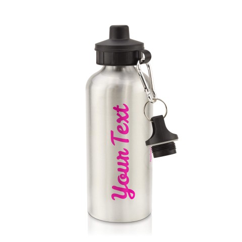 in Silver (600ml) with Screw Cap - Fuchsia Pink (Personalised with Text)