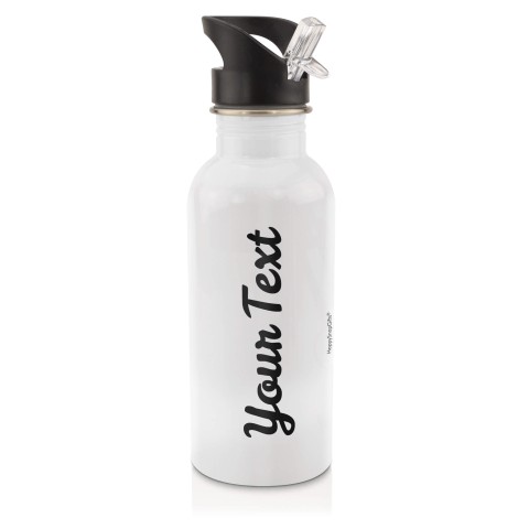 in White (600ml) with Drinking Straw - Black (Personalised with Text)