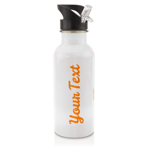 in White (600ml) with Drinking Straw - Orange (Personalised with Text)