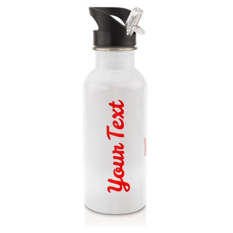 in White (600ml) with Drinking Straw - Red (Personalised with Text)
