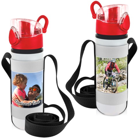 - Red with 2 Photos Printed Front & Back (Optional Personalised Gift Text) with Black Water Bottle Sling