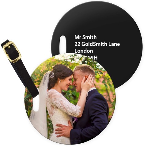 (10cm Circle) - Black with Leather Strap (Personalised with Text) with Small Black Storage Pouch