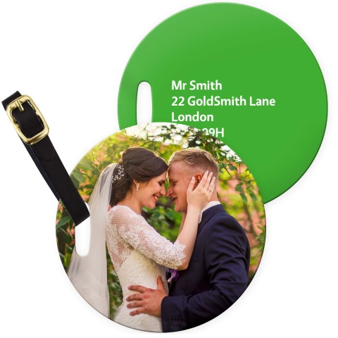 (10cm Circle) - Bright Green with Leather Strap (Personalised with Text) with Small Black Storage Pouch