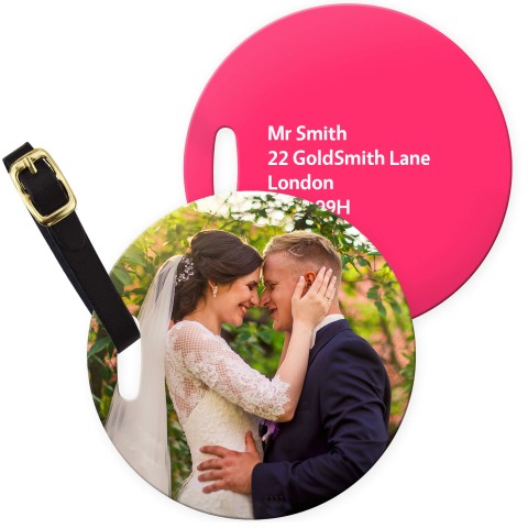 (10cm Circle) - Fuchsia Pink with Leather Strap (Personalised with Text)
