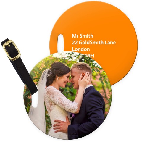 (10cm Circle) - Orange with Leather Strap (Personalised with Text) with Small Black Storage Pouch