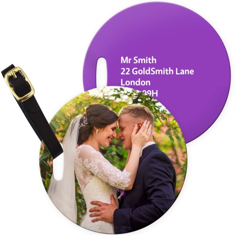 (10cm Circle) - Purple with Leather Strap (Personalised with Text) with Small Black Storage Pouch