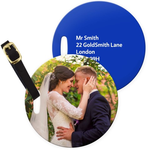 (10cm Circle) - Royal Blue with Leather Strap (Personalised with Text) with Small Black Storage Pouch