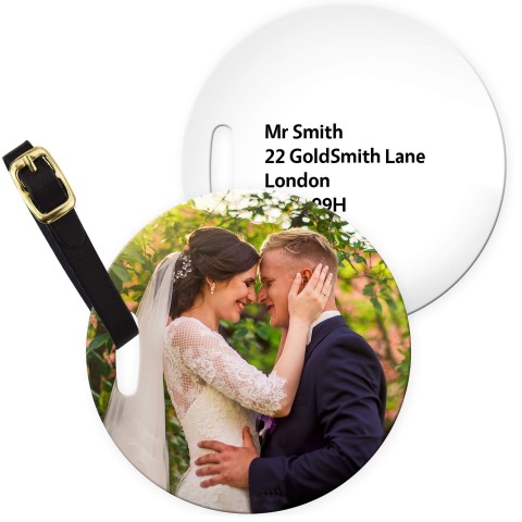 (10cm Circle) - White with Leather Strap (Personalised with Text) with Small Black Storage Pouch