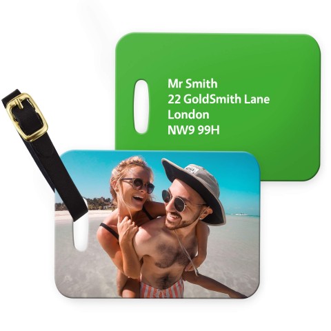 (10cm x 7cm) - Bright Green with Leather Strap (Personalised with Text) with Small Black Storage Pouch