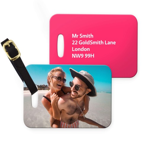 (10cm x 7cm) - Fuchsia Pink with Leather Strap (Personalised with Text) with Small Black Storage Pouch