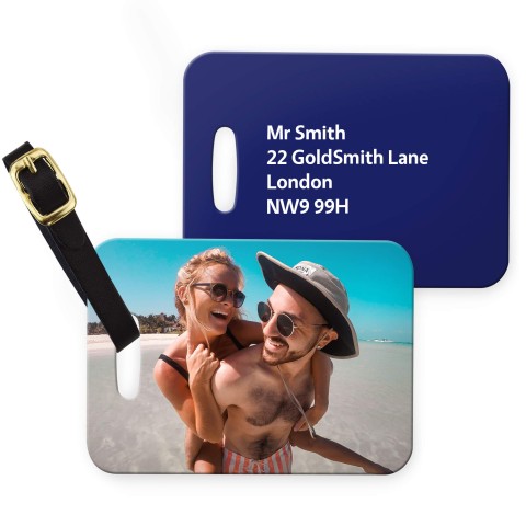 (10cm x 7cm) Navy Blue with Leather Strap (Personalised with Text) with Small Black Storage Pouch