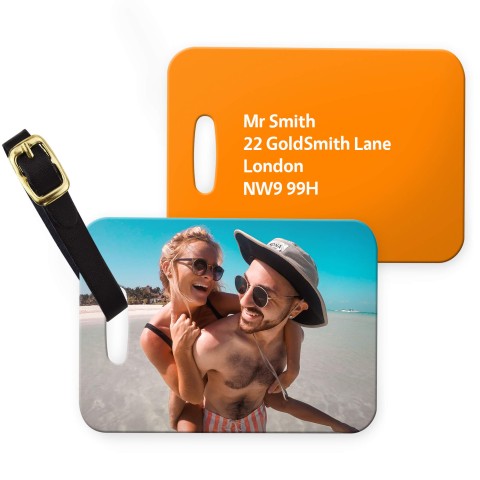 (10cm x 7cm) - Orange with Leather Strap (Personalised with Text) with Small Black Storage Pouch