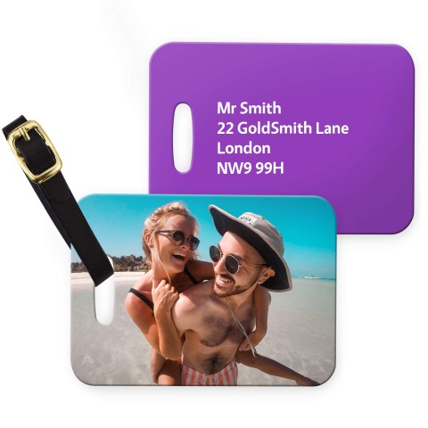 (10cm x 7cm) - Purple with Leather Strap (Personalised with Text) with Small Black Storage Pouch