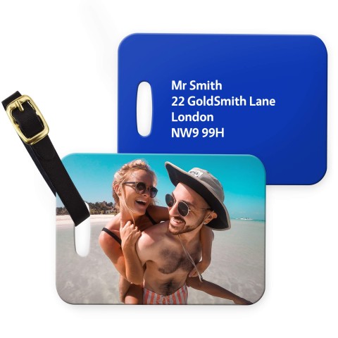 (10cm x 7cm) - Royal Blue with Leather Strap (Personalised with Text) with Small Black Storage Pouch