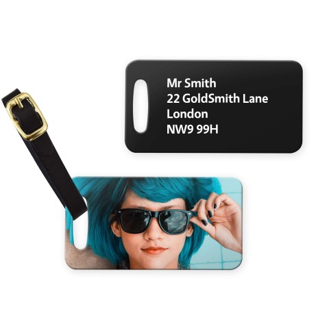 (9cm x 4.5cm) - Black with Leather Strap (Personalised with Text) with Small Black Storage Pouch