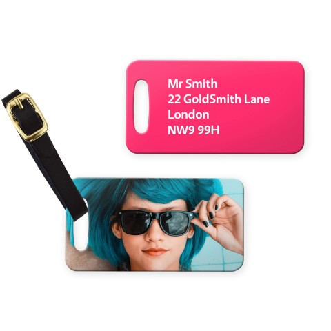 (9cm x 4.5cm) - Fuchsia Pink with Leather Strap (Personalised with Text) with Small Black Storage Pouch