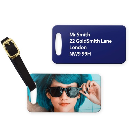 (9cm x 4.5cm) Navy Blue with Leather Strap (Personalised with Text) with Small Black Storage Pouch