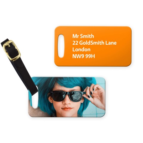 (9cm x 4.5cm) - Orange with Leather Strap (Personalised with Text) with Small Black Storage Pouch