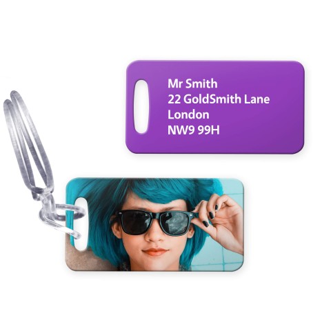 (9cm x 4.5cm) - Purple with Clear Loop Fastening (Personalised with Text)