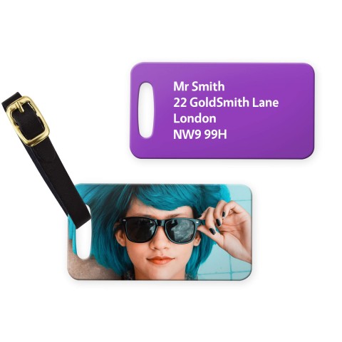 (9cm x 4.5cm) - Purple with Leather Strap (Personalised with Text) with Small Black Storage Pouch