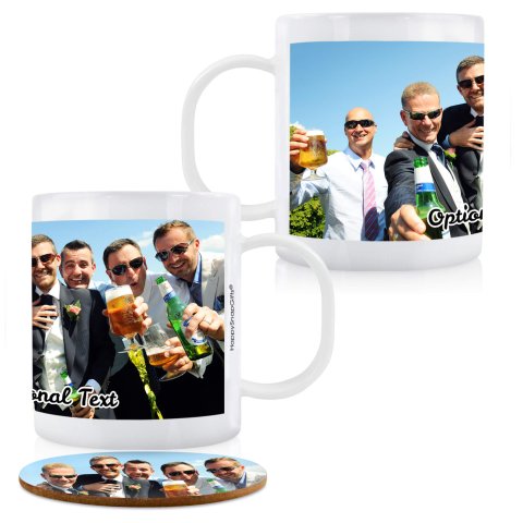 (11oz White) with 1 Wrapped Around Image (Personalised with Text) plus 1 extra matching Circular Coaster