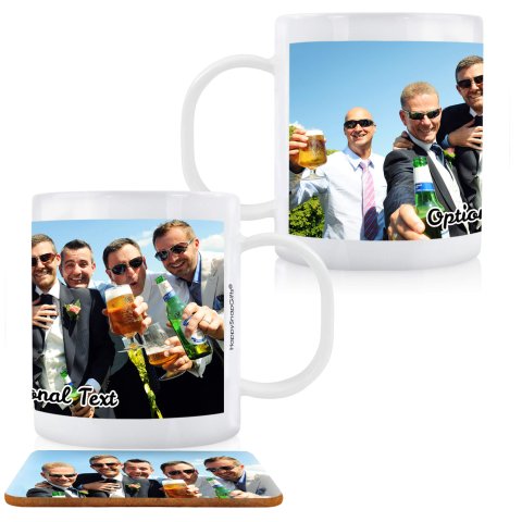 (11oz White) with 1 Wrapped Around Image (Personalised with Text) plus 1 extra matching Square Coaster