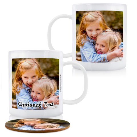 (11oz White) with 1 Photo Printed Front & Back (Personalised with Text) plus 1 extra matching Circular Coaster