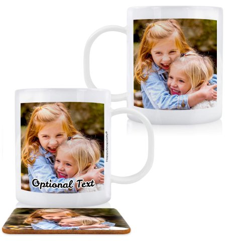 (11oz White) with 1 Photo Printed Front & Back (Personalised with Text) plus 1 extra matching Square Coaster