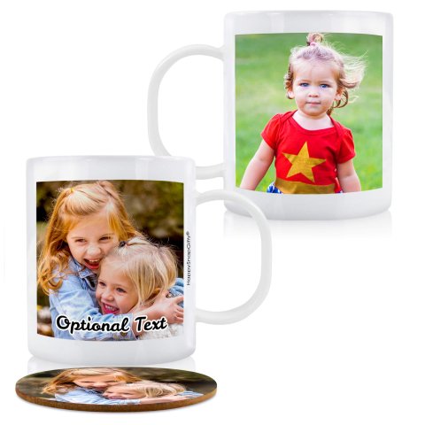 (11oz White) with 2 Photos Printed Front & Back (Personalised with Text) plus 1 extra matching Circular Coaster
