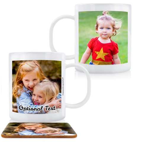 (11oz White) with 2 Photos Printed Front & Back (Personalised with Text) plus 1 extra matching Square Coaster