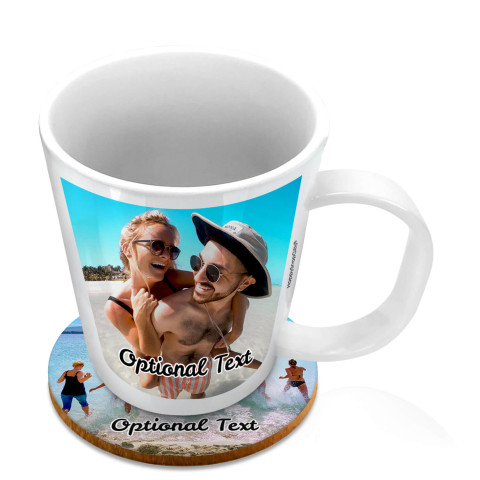 (11oz White) with 1 Photo Printed Front & Back (Optional Personalised Gift Text) with 1 matching Circular Coaster