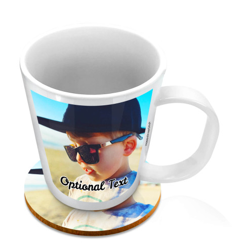 (11oz White) with 2 Photos Printed Front & Back (Optional Personalised Gift Text) with 1 matching Circular Coaster