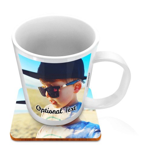 (11oz White) with 2 Photos Printed Front & Back (Optional Personalised Gift Text) with 1 matching Square Coaster