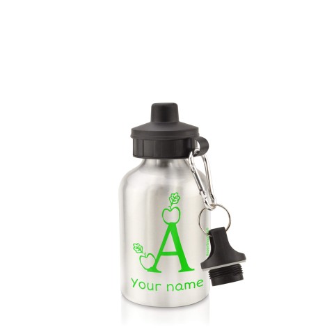 in Silver (400ml) with Screw Cap with Alphabet Theme - Bright Green (Personalised with Text)