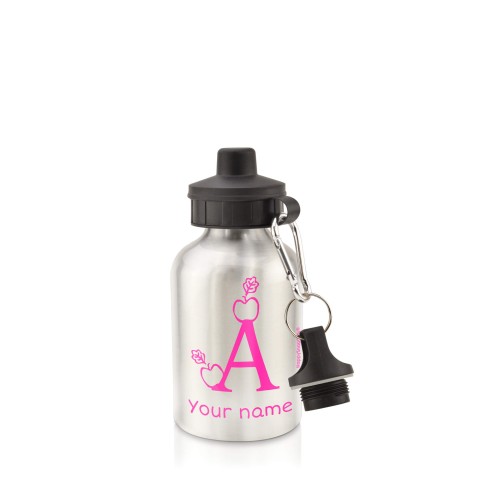 in Silver (400ml) with Screw Cap with Alphabet Theme - Fuchsia Pink (Personalised with Text)