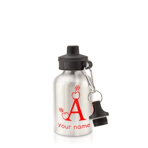in Silver (400ml) with Screw Cap with Alphabet Theme - Red (Personalised with Text)