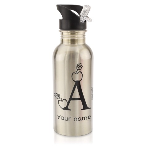 in Silver (600ml) with Drinking Straw with Alphabet Theme - Black (Personalised with Text)