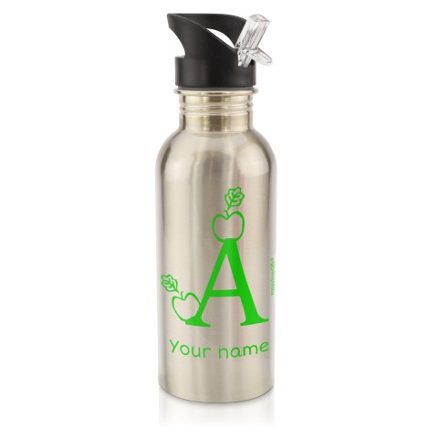 in Silver (600ml) with Drinking Straw with Alphabet Theme - Bright Green (Personalised with Text)