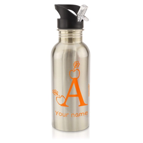 in Silver (600ml) with Drinking Straw with Alphabet Theme - Orange (Personalised with Text)