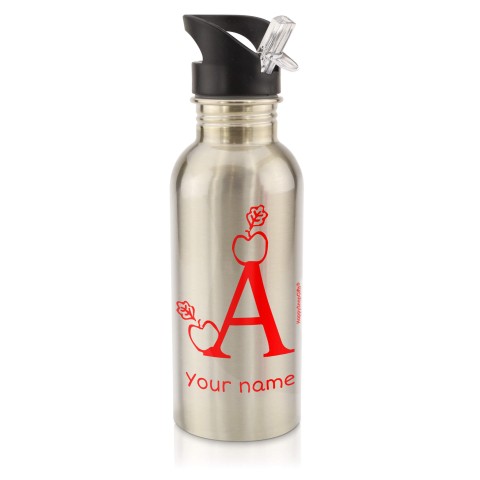 in Silver (600ml) with Drinking Straw with Alphabet Theme - Red (Personalised with Text)