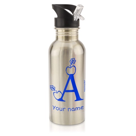 in Silver (600ml) with Drinking Straw with Alphabet Theme - Royal Blue (Personalised with Text)