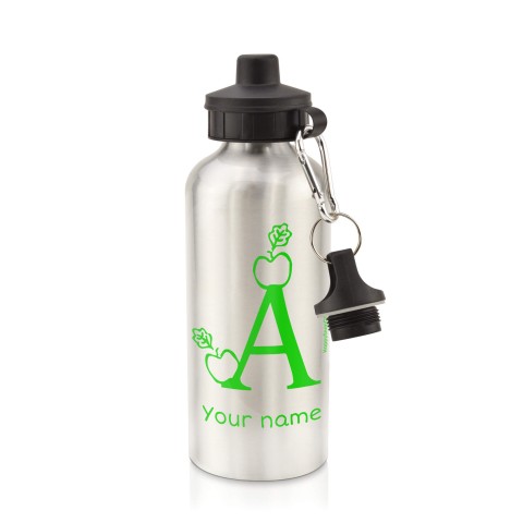 in Silver (600ml) with Screw Cap with Alphabet Theme - Bright Green (Personalised with Text)