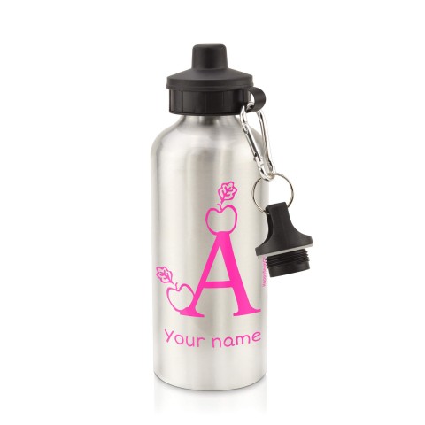 in Silver (600ml) with Screw Cap with Alphabet Theme - Fuchsia Pink (Personalised with Text)