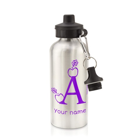 in Silver (600ml) with Screw Cap with Alphabet Theme - Purple (Personalised with Text)