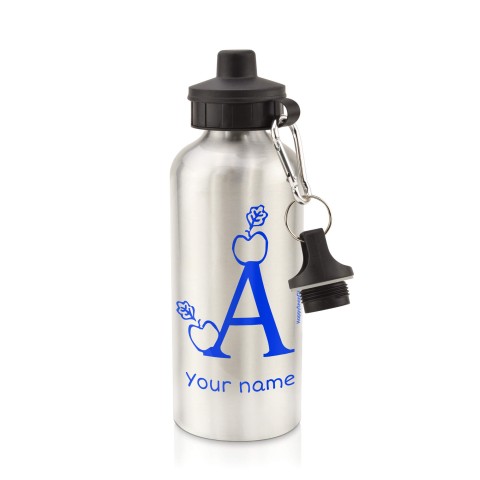 in Silver (600ml) with Screw Cap with Alphabet Theme - Royal Blue (Personalised with Text)