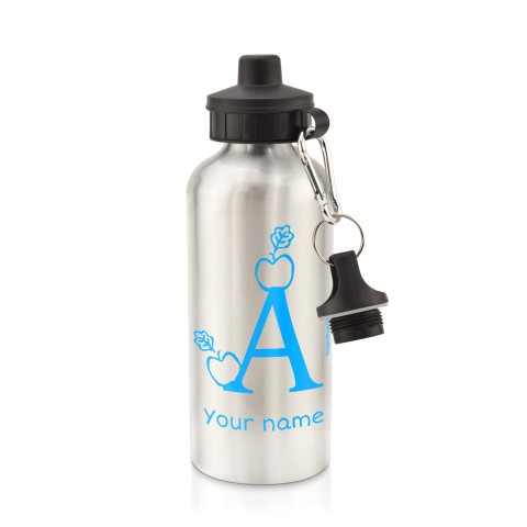 in Silver (600ml) with Screw Cap with Alphabet Theme - Sky Blue (Personalised with Text)